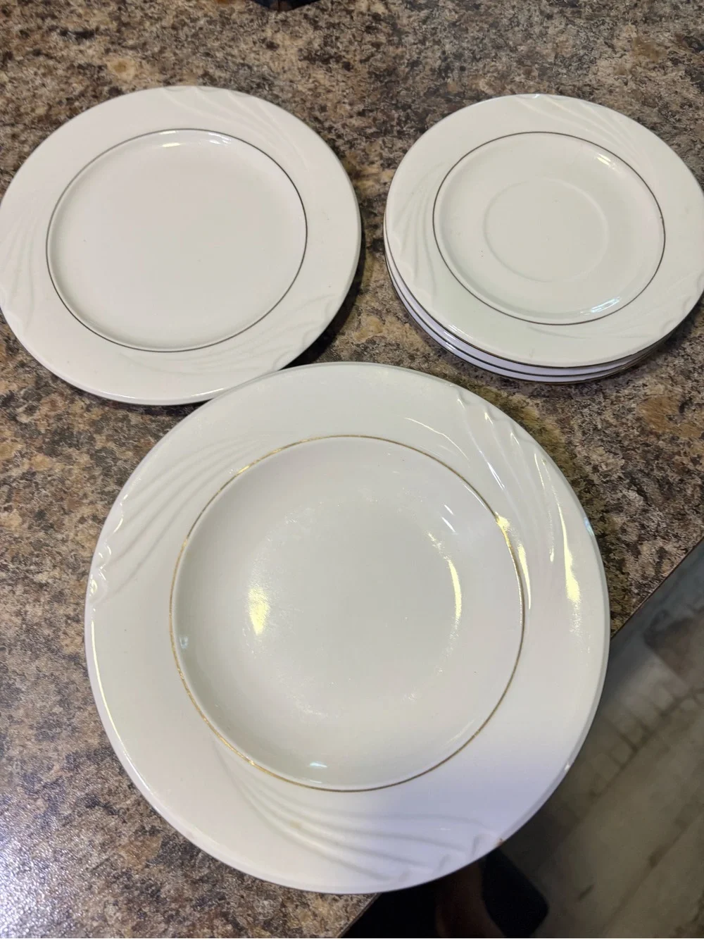 Elegant White Ceramic Dinnerware Bowl, saucers (3) with Gold Trim, salad plate1.